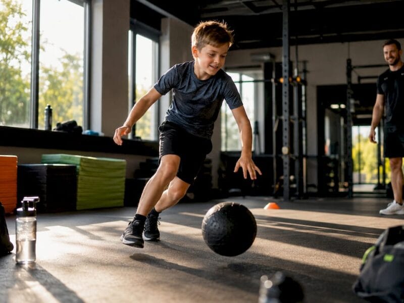 Een jongen is fanatiek aan het sporten in de gymzaal.