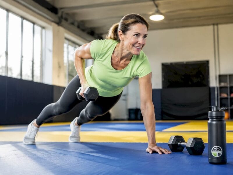 Een vrouw doet een functionele workout in een lichte, moderne sportschool.