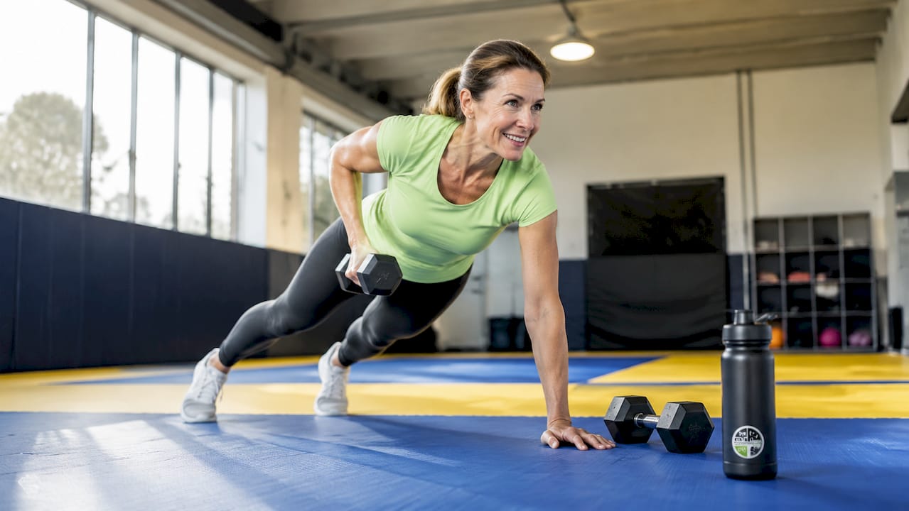 Een vrouw doet een functionele workout in een lichte, moderne sportschool.