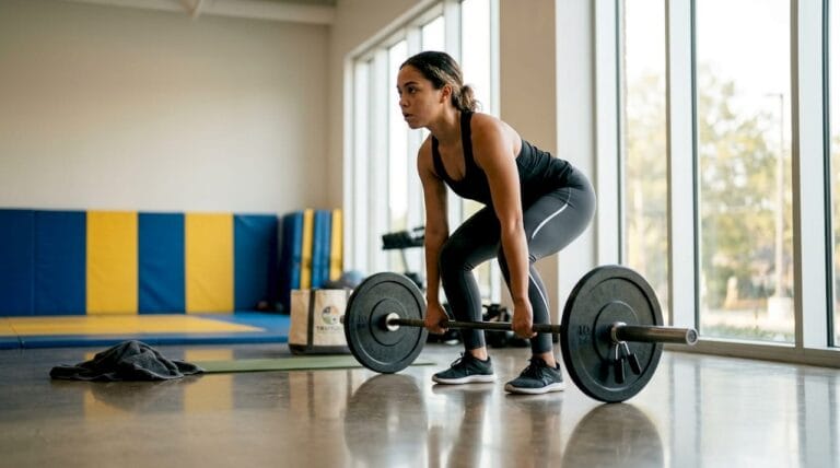 Een vrouw is bezig met squats tijdens haar krachttraining in de sportschool.