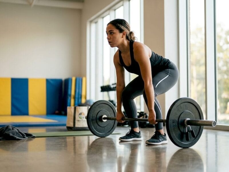 Een vrouw is bezig met squats tijdens haar krachttraining in de sportschool.