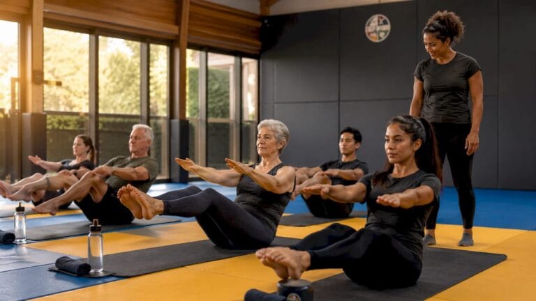 Deelnemers aan de HIIT-groepsles zijn volop in beweging in de fitnesszaal.
