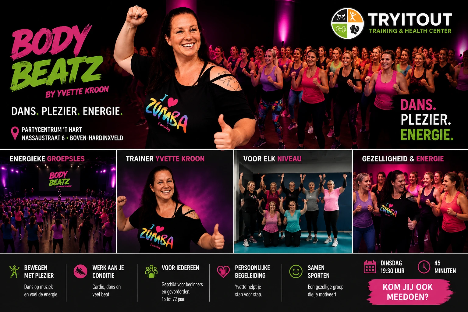 Body BeatZ — dansfitness op muziek in Boven-Hardinxveld Body BeatZ dansfitness met Yvette Kroon bij TRYITOUT in Boven-Hardinxveld