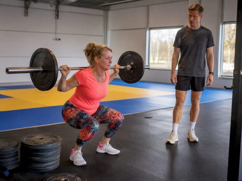 Een vrouw voert squats uit met een halterstang in de sportschool.