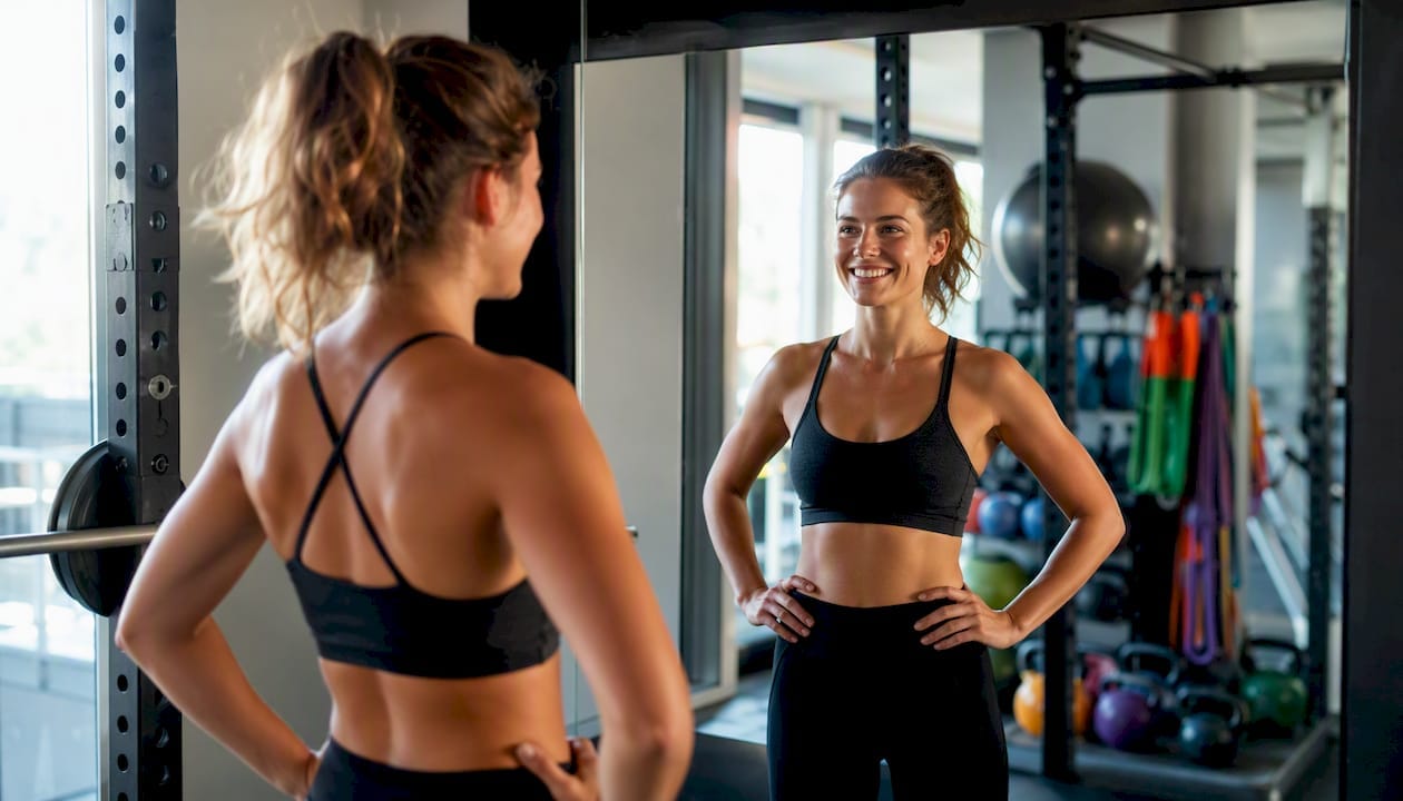 Met opgeheven hoofd wandelt een zelfverzekerde vrouw door de sportschool.