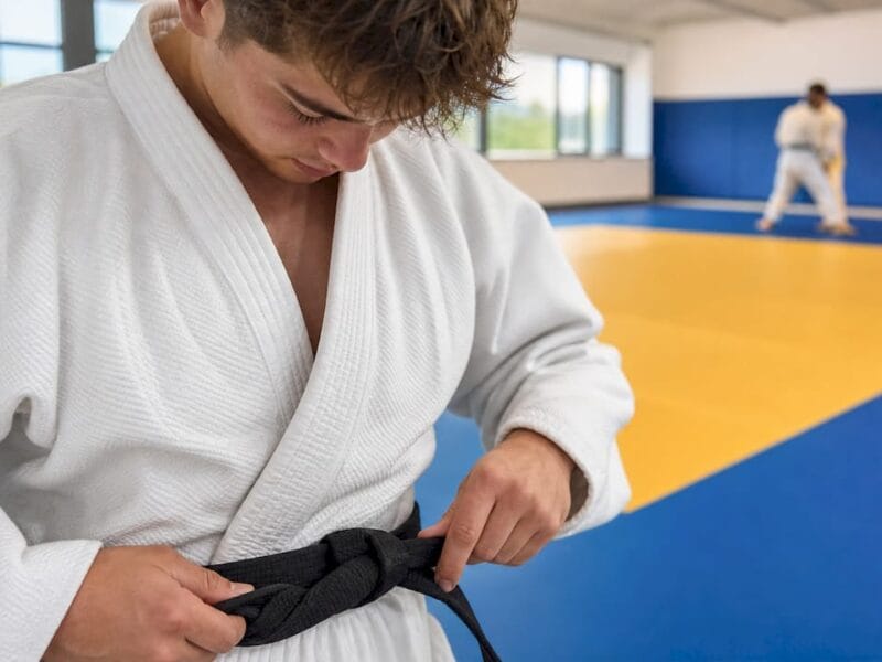 Een jonge judoka knoopt zijn band vast in de dojo.
