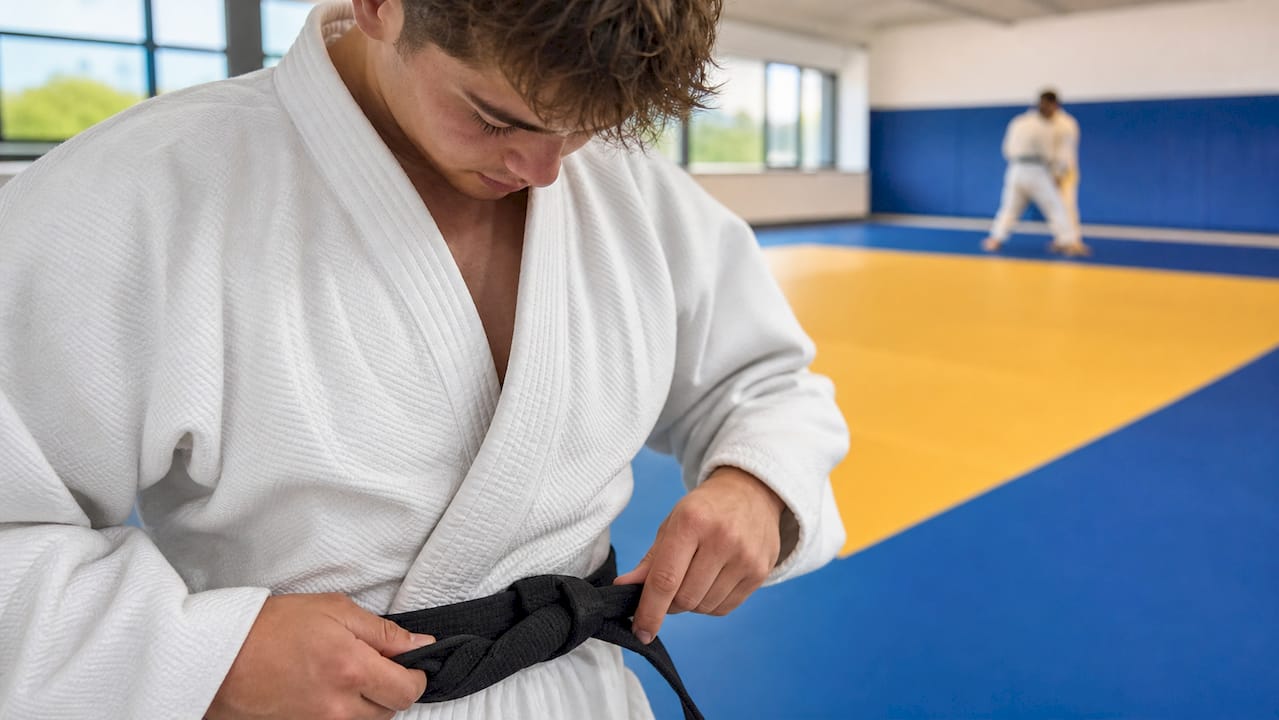 Een jonge judoka knoopt zijn band vast in de dojo.