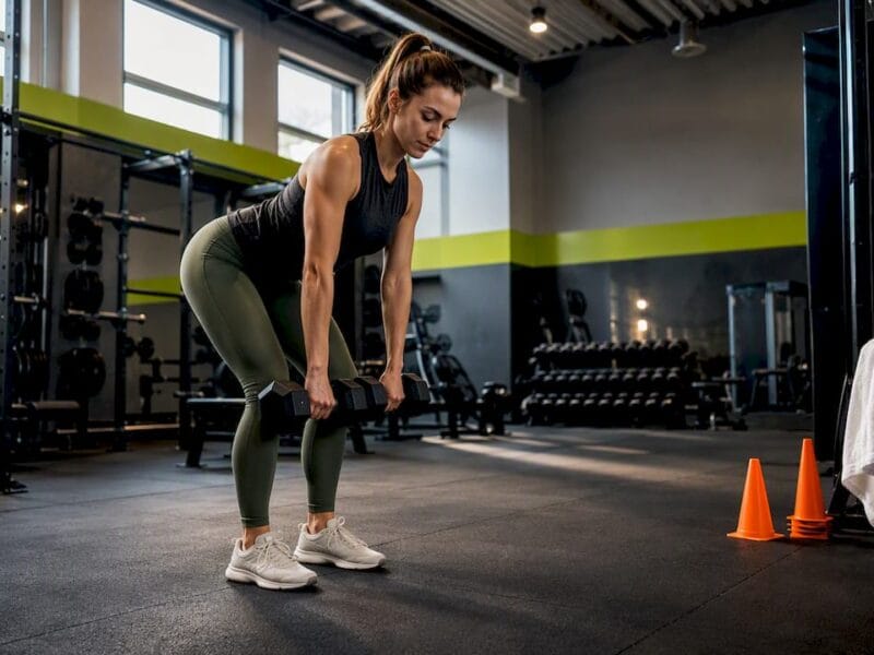 Vrouw voert gecontroleerde dumbbell deadlift uit