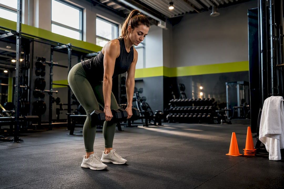 Vrouw voert gecontroleerde dumbbell deadlift uit