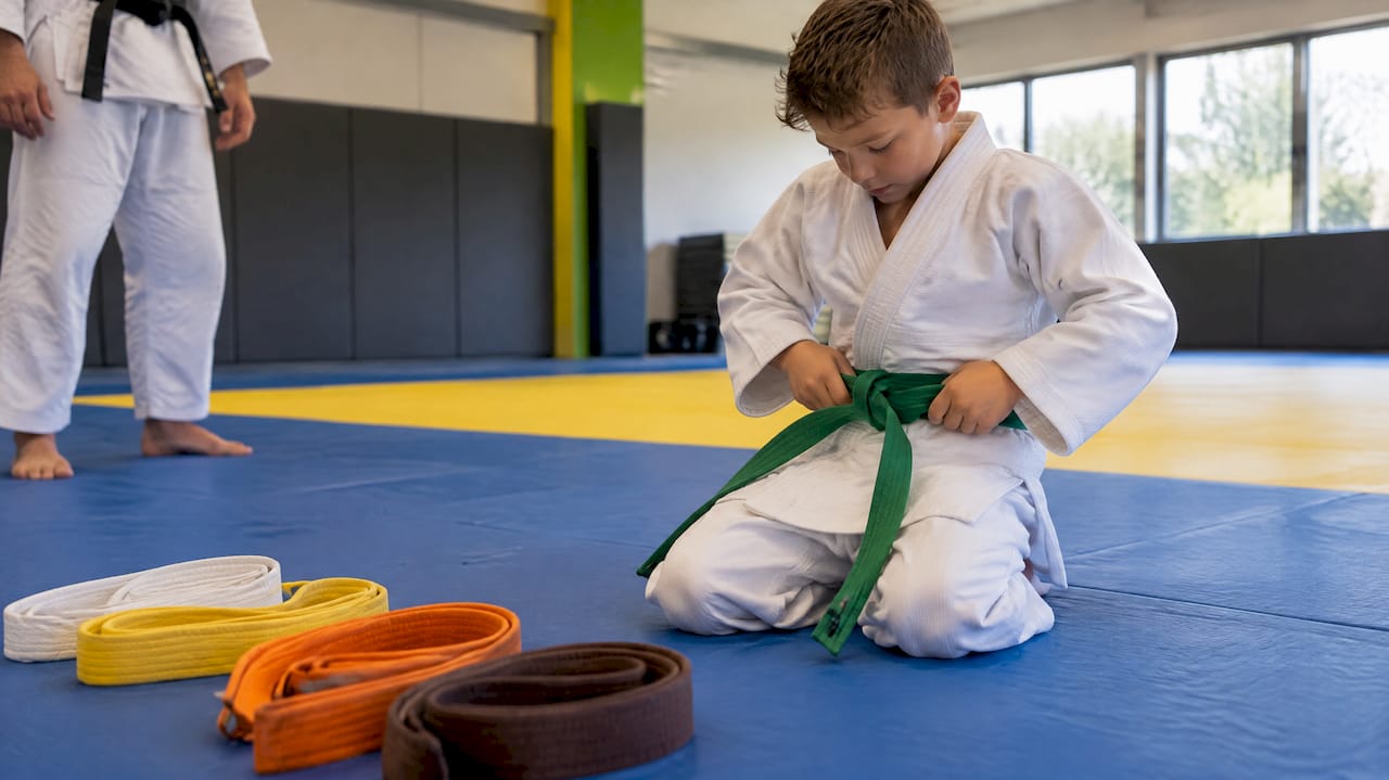 Jonge judoka knoopt zijn groene band vast