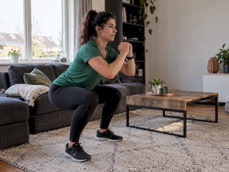 Vrouw doet een squat tijdens een Tabata-workout thuis