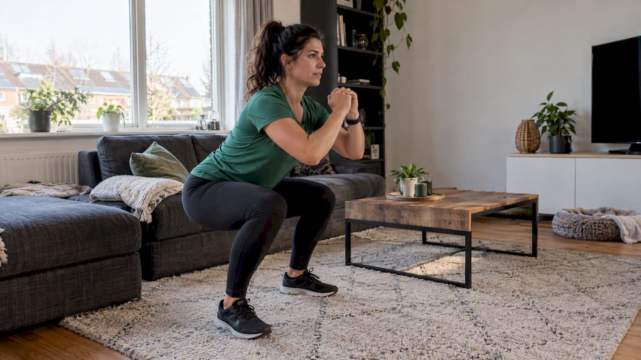 Vrouw doet een squat tijdens een Tabata-workout thuis